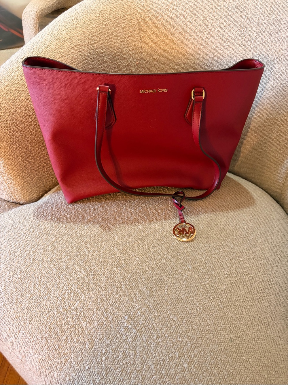 Michael Kors Red Saffiano Leather Tote with Gold Charm
